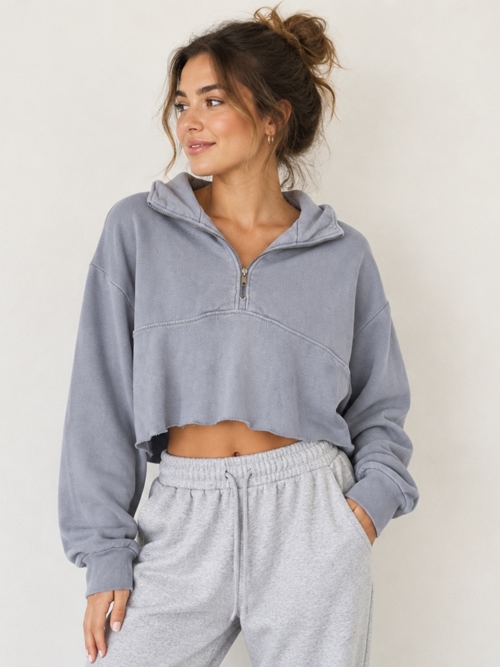 Brandy Melville | Light blue cropped cotton collared 1/4 zip sweatshirt small
